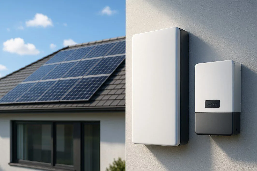 A complete solar panel kit with a sleek battery and inverter in front of a modern home with solar panels on the roof, representing an all-in-one residential energy solution.