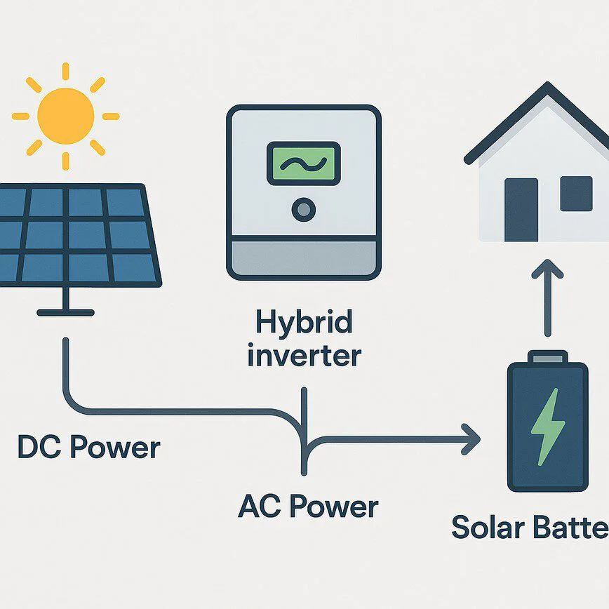 An infographic diagram showing the core components of a solar panel kit: solar panels collecting DC power, an inverter converting it to AC power for a home, and a battery storing excess energy.
