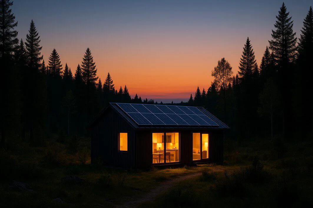 A modern, remote cabin powered by an off-grid solar panel kit and battery, its lights glowing warmly at dusk, symbolizing complete energy independence.