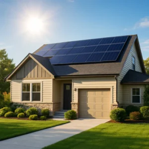 A modern, sunlit home with sleek solar panels on the roof, symbolizing the financial and environmental benefits of switching to solar energy.