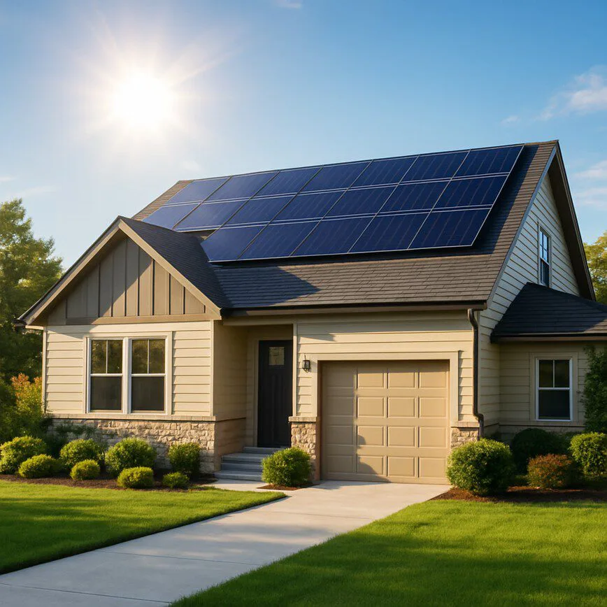 A modern, sunlit home with sleek solar panels on the roof, symbolizing the financial and environmental benefits of switching to solar energy.