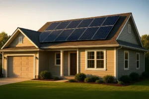 A modern suburban home at sunset with a full installation of solar panels on its roof, representing the cost and investment of switching to clean energy in 2025.