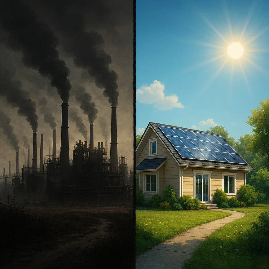 To illustrate the stark environmental contrast between fossil fuels and clean solar energy, highlighting the reduction in carbon footprint.