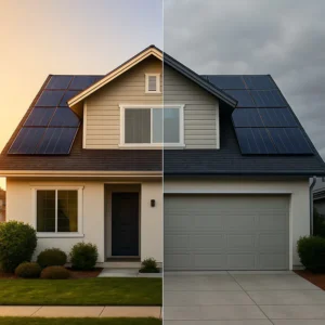 A split image showing a home with solar panels. The left side is sunny, representing the pros of solar. The right side is cloudy, representing the cons, to illustrate the homeowner's guide to solar energy.