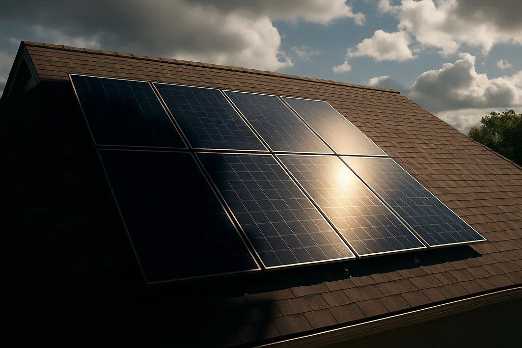 To visually represent the key disadvantages of solar panels, specifically weather dependency and potential roof shading issues.