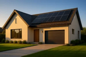 A modern suburban home with solar panels on the roof, bathed in warm sunlight, representing the increased home value and positive investment of going solar.