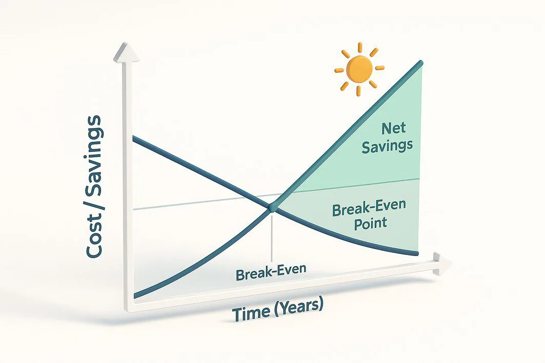 To illustrate the concept of Return on Investment (ROI) and the solar payback period, showing how the initial cost is offset by energy savings over time.