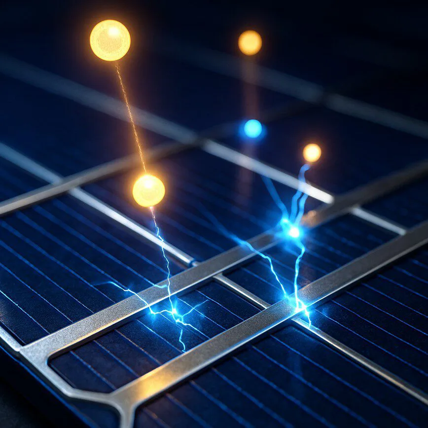 To visually explain the photovoltaic effect at a microscopic level, showing how sunlight is converted into electricity inside a PV cell.