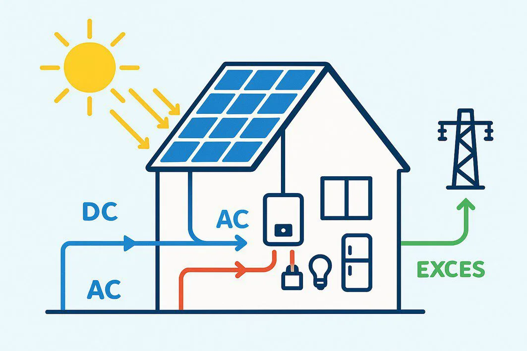 A clear, step-by-step diagram illustrating the entire solar energy process for a home, from the panels to the grid.