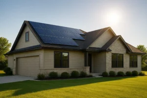 A modern, two-story home with a pristine green lawn and sleek solar panels on the roof, basking in bright sunshine, symbolizing the financial and environmental benefits of residential solar energy.