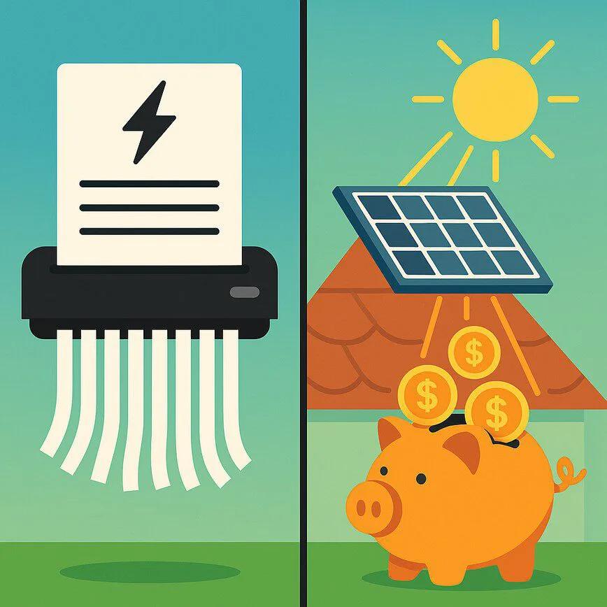 A conceptual illustration showing an electricity bill being shredded on one side, and a solar panel generating savings into an overflowing piggy bank on the other, symbolizing cost savings from solar energy.