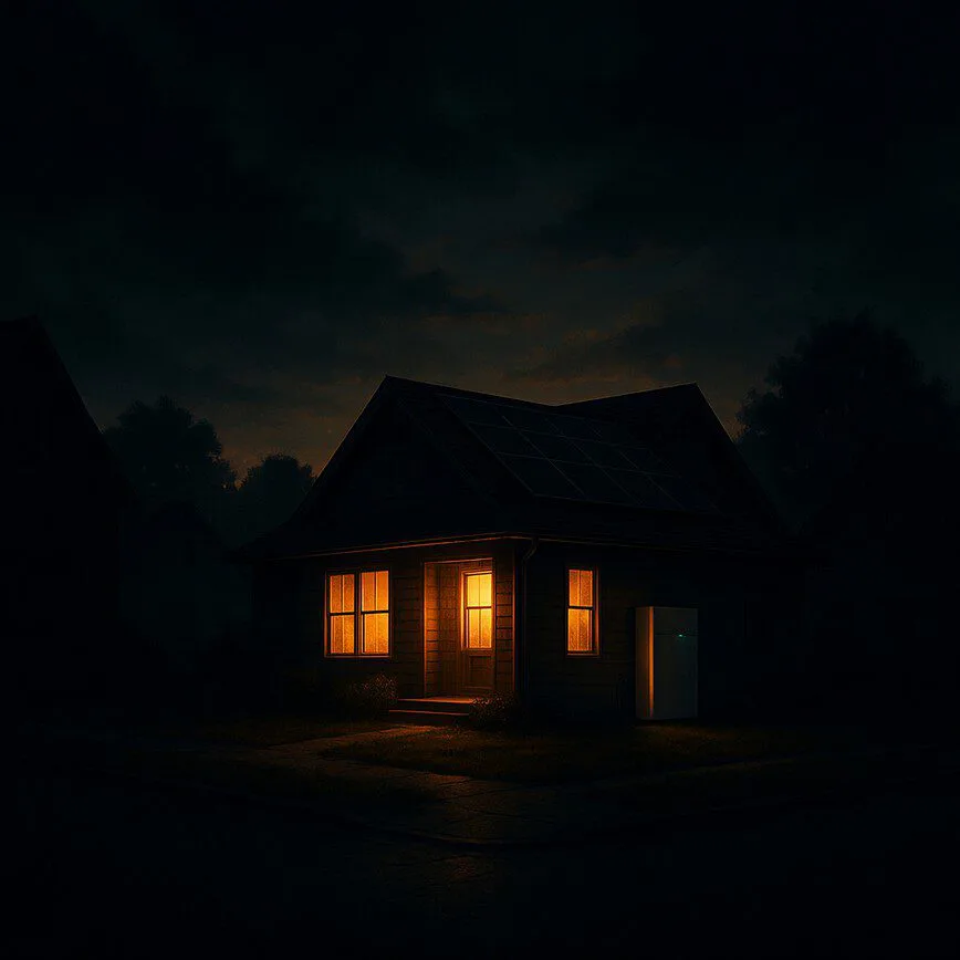 A home with solar panels remains brightly lit on a dark street during a power outage, demonstrating the energy independence and reliability of a solar and battery storage system.