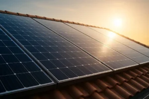 A close-up of modern solar panels on a roof at sunset, symbolizing the long lifespan and return on investment for solar energy.