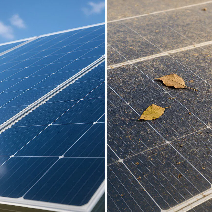 To illustrate the importance of solar panel maintenance by showing a clear visual contrast between a clean and a dirty panel.