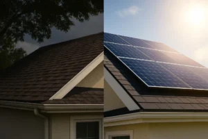 A split-view of a house roof. The left side is shaded and unsuitable for solar, while the right side is sunny with modern solar panels installed, representing the pros and cons of the investment.