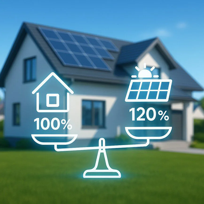 A conceptual image of the solar panel 20% rule, showing a balanced scale with home energy use on one side and slightly larger solar production on the other, in front of a house with solar panels.