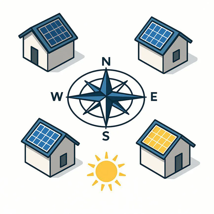 A diagram illustrating solar panel orientation, showing a south-facing roof receiving maximum sunlight compared to north, east, and west-facing roofs.