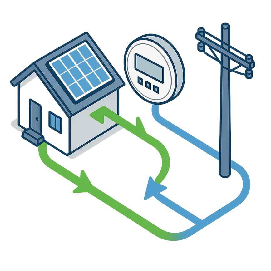 A diagram illustrating net metering, with arrows showing the two-way flow of electricity between a home with solar panels and the utility grid.