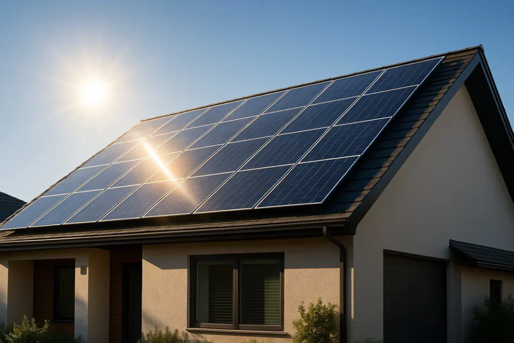 A modern home with a perfectly positioned rooftop solar panel system, bathed in warm sunlight to illustrate the concept of maximum efficiency and return on investment.