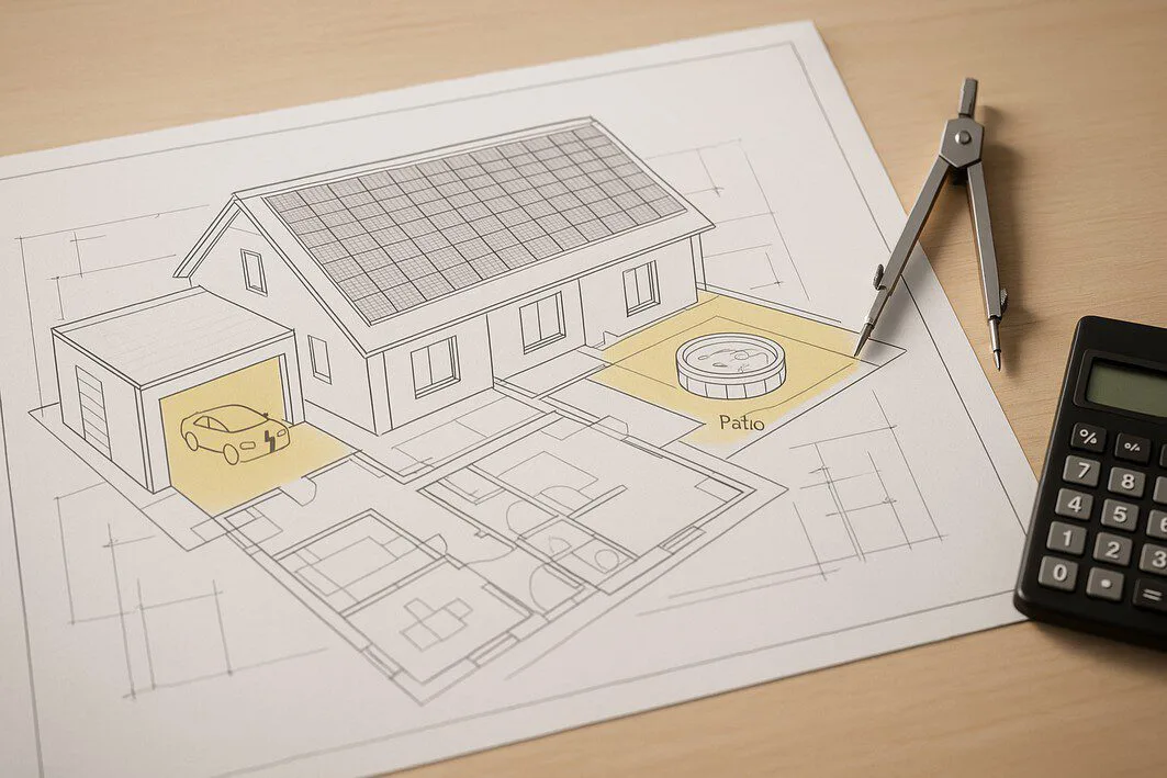 A blueprint of a solar panel system design, with icons for a future EV and hot tub highlighted to represent planning for increased energy needs.