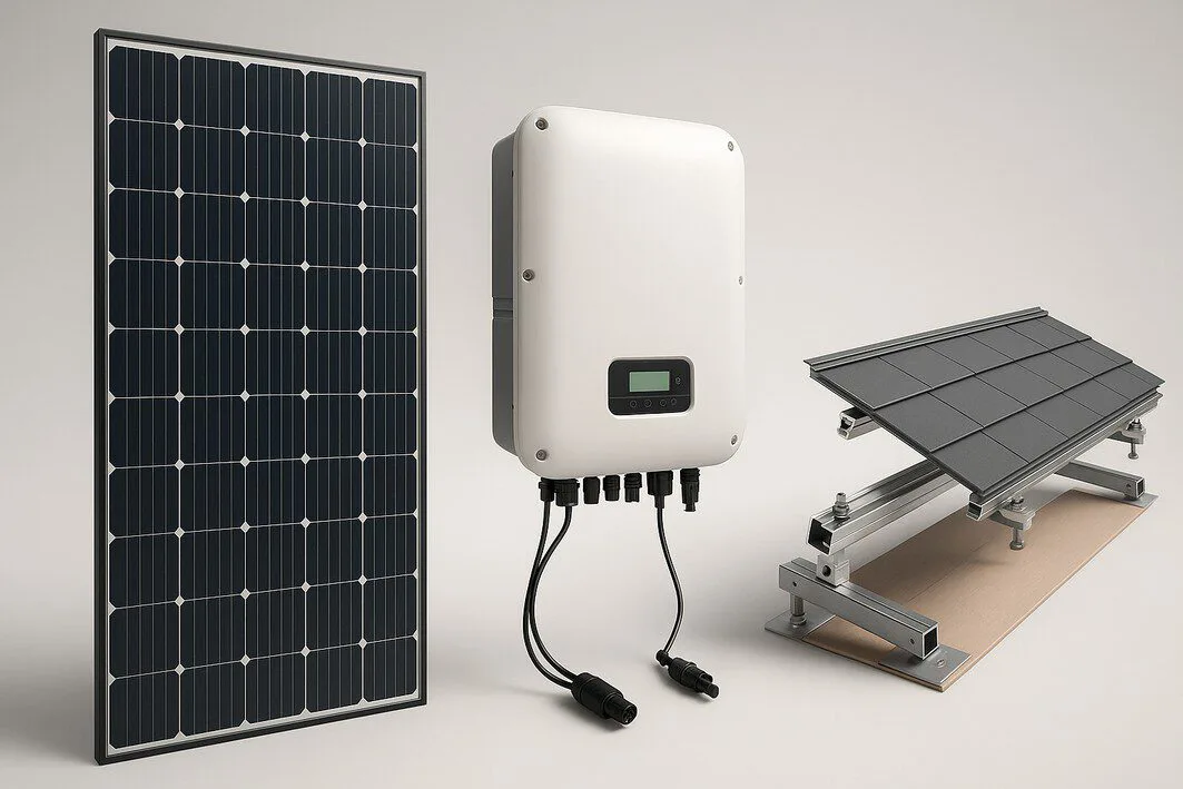 A 3D render showing the primary components of a solar installation: a solar panel, an inverter, and roof racking, illustrating what's included in the cost.