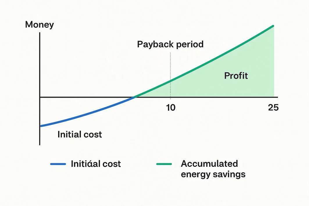 A vector graph illustrating the solar panel payback period, showing how accumulated energy savings surpass the initial investment cost over time, leading to long-term profit.