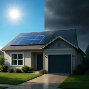 A split image of a house with solar panels, showing one side sunny and the other side dark and rainy, illustrating the intermittent nature of solar energy production.