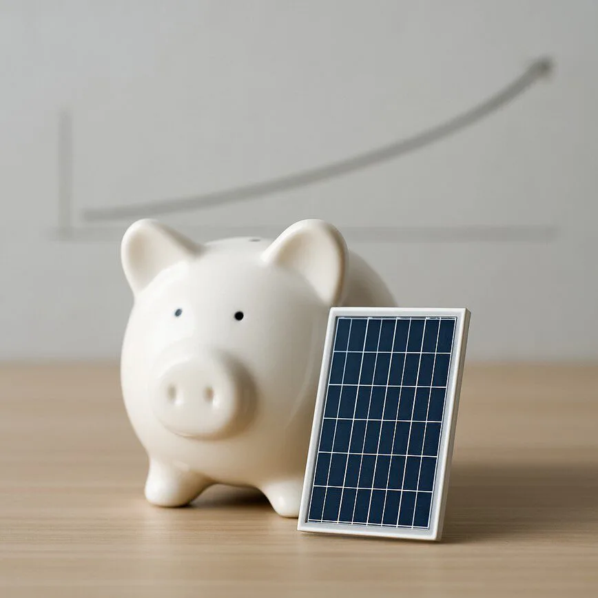 A piggy bank with a small solar panel leaning against it, representing the high upfront cost and long-term investment of solar energy.