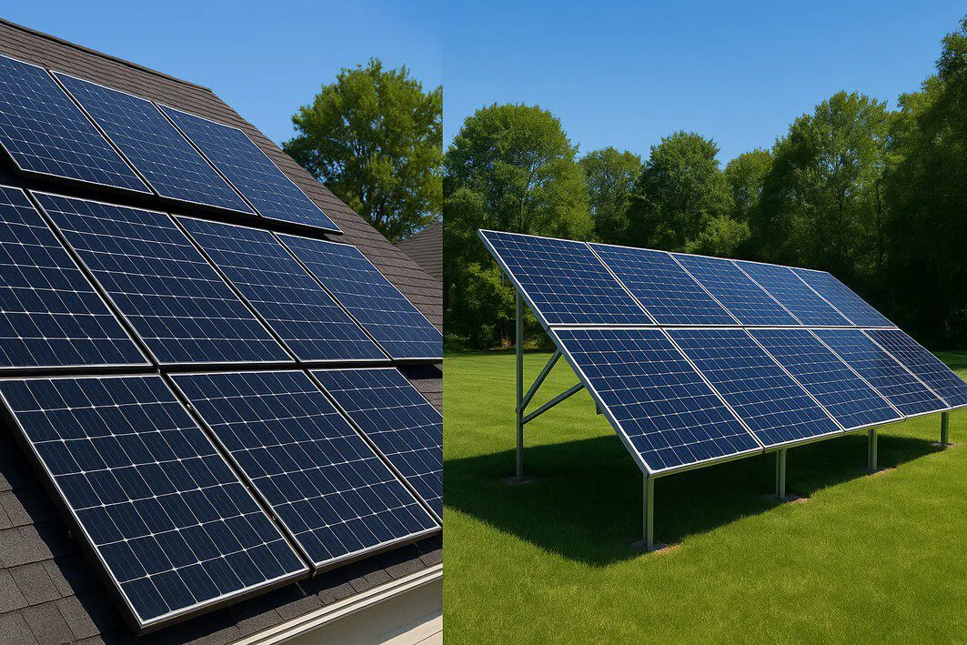 A comparison image showing a rooftop solar panel installation on a house versus a ground-mounted solar array in a backyard, illustrating two placement options for homeowners.
