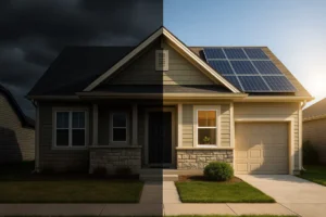 A house split in two: one side is dark under a stormy sky representing high electricity bills, while the other side is bright and sunny with solar panels on the roof, symbolizing financial savings.