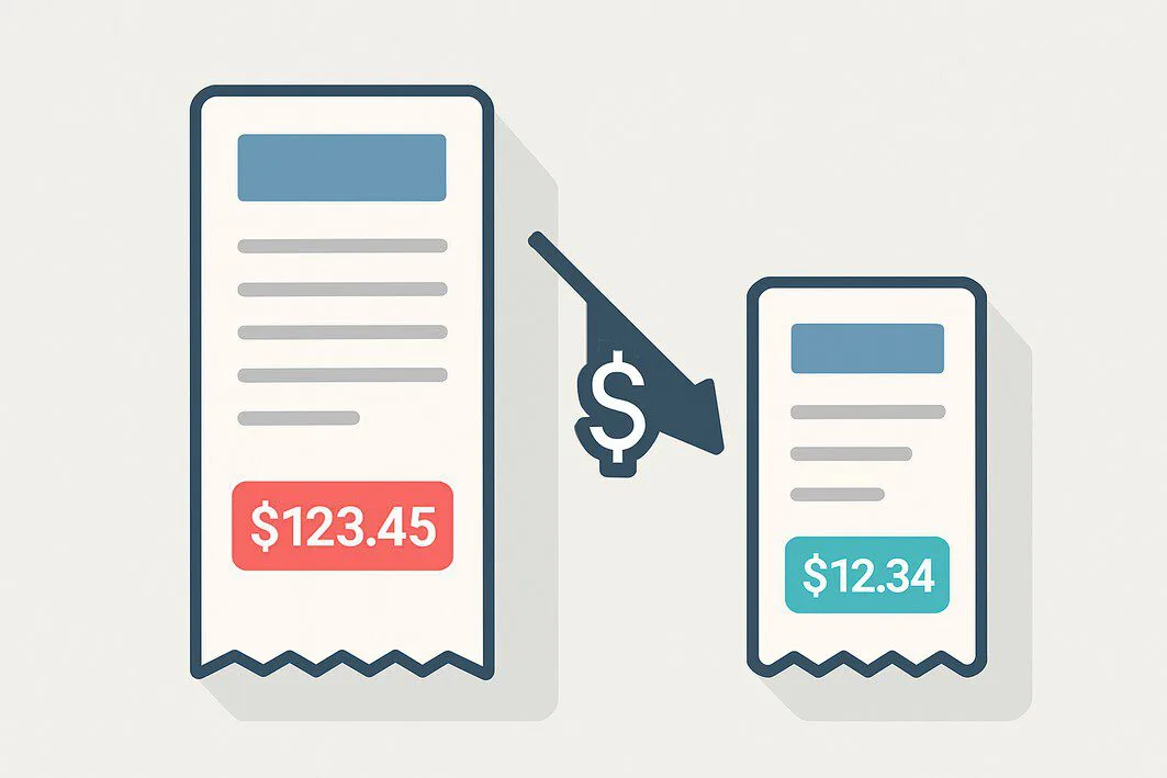 A side-by-side graphic comparing a utility bill before and after solar. The 'before' bill is long with a high cost, while the 'after' bill is short with a significantly lower cost, illustrating savings.
