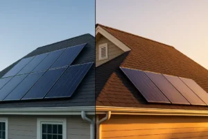 A split-screen image comparing solar panels on a roof. The left side shows the panels in cool morning sunlight, and the right side shows the same panels in warm afternoon sunlight, illustrating the article's topic.