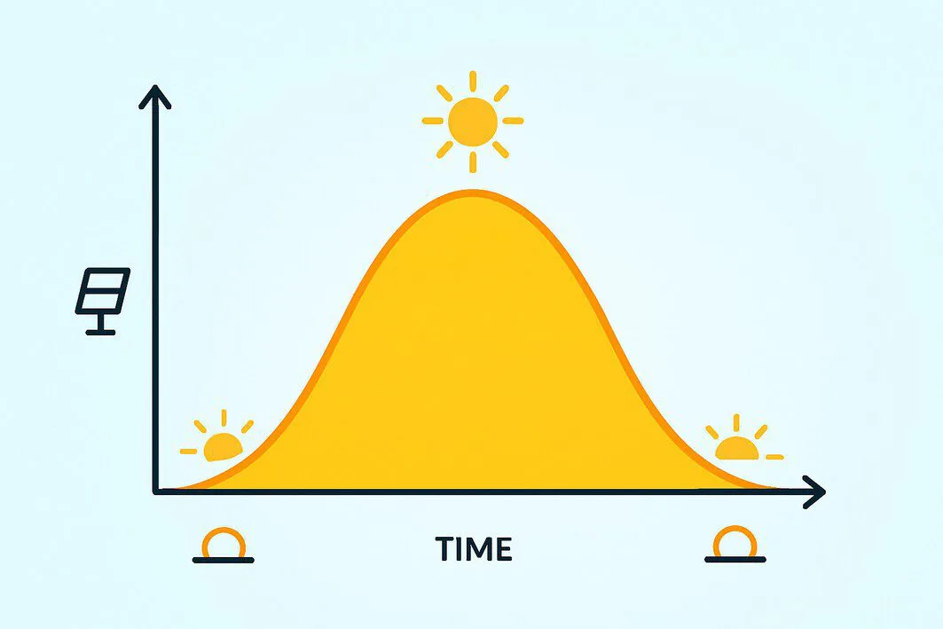 A graph illustrating the solar panel power generation curve, showing energy output starting low at sunrise, peaking at midday, and decreasing towards sunset.