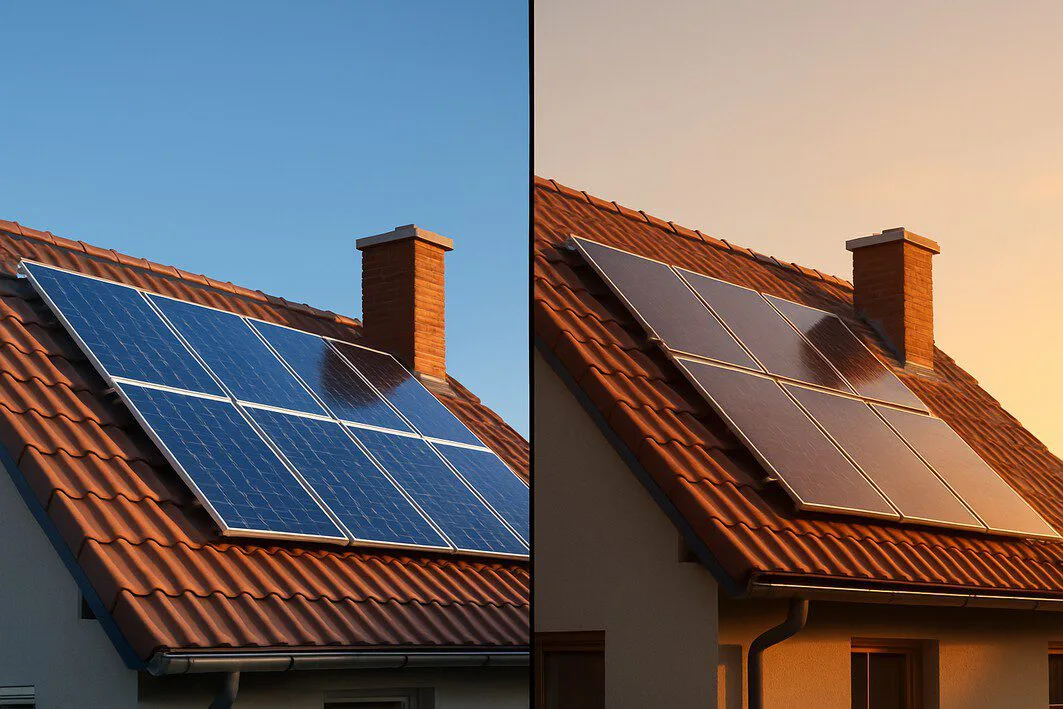 A side-by-side comparison showing East-facing solar panels receiving direct morning sun and West-facing solar panels receiving direct afternoon sun, highlighting the effect of roof orientation.