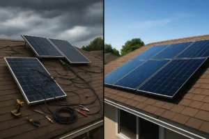 A split image contrasting a messy, risky DIY solar panel installation on the left with a clean, professional, and efficient solar panel installation on the right.