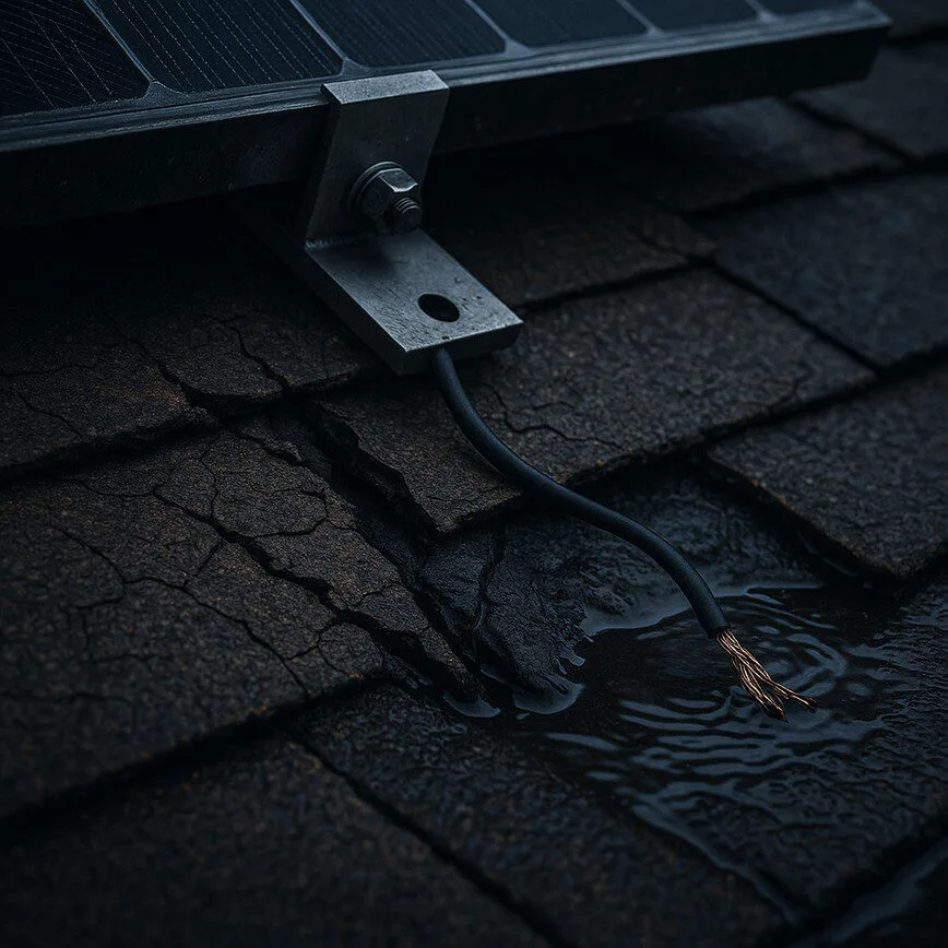 A close-up of a poorly installed solar panel causing roof damage, with cracked shingles and a loose wire, highlighting the risks of DIY solar installation.