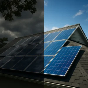 A split image showing solar panels on a house roof. One side is covered by a tree's shadow, representing underperformance, while the other side is in full, bright sun, representing optimal performance.