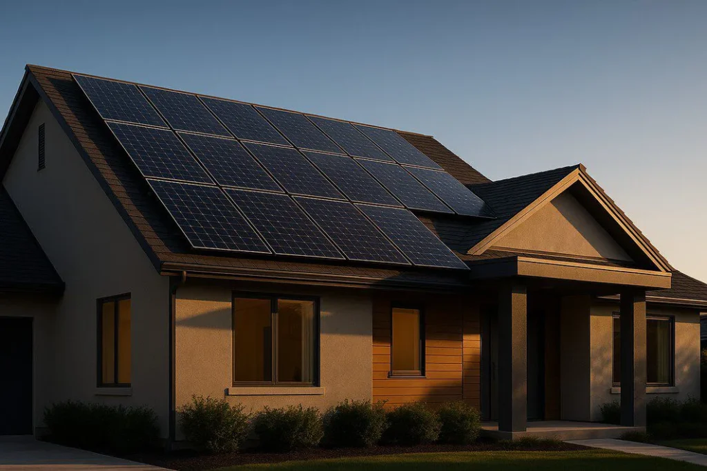 A modern home with a sleek, efficient solar panel array on the roof, illuminated by the golden hour sun, representing a smart investment in clean energy.
