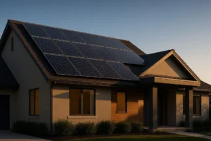 A modern home with a sleek, efficient solar panel array on the roof, illuminated by the golden hour sun, representing a smart investment in clean energy.