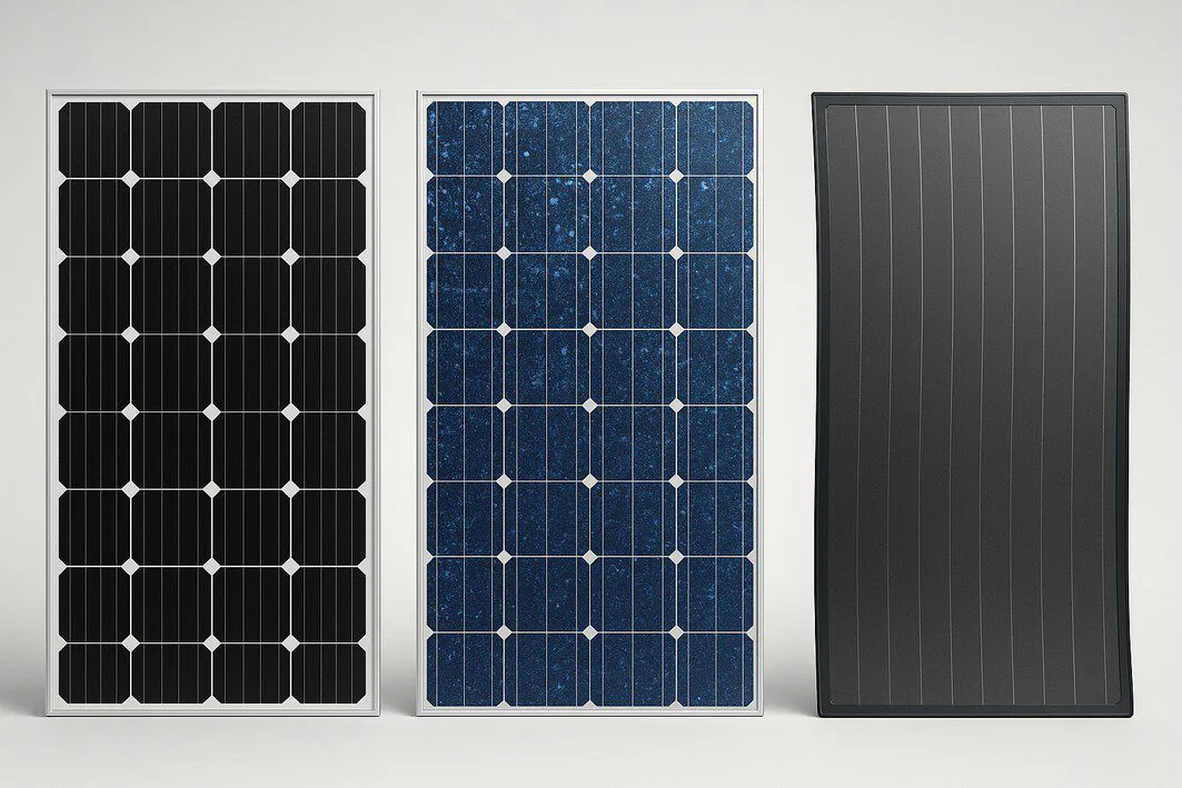 A side-by-side comparison of three solar panel types: a black monocrystalline, a blue polycrystalline, and a dark thin-film panel, showing their visual differences.