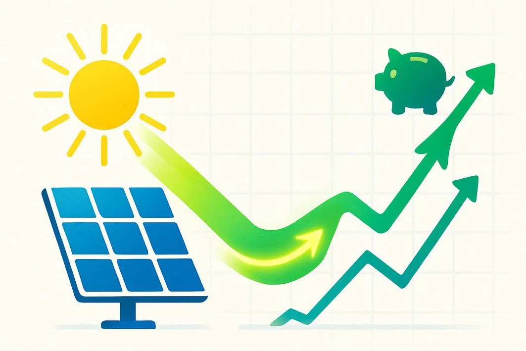 An infographic showing a solar panel generating an upward-trending graph, symbolizing the positive return on investment and financial savings from solar energy.