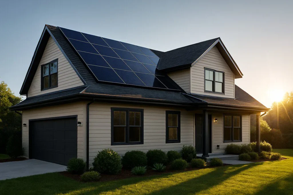 Sleek, high-efficiency solar panels installed on the roof of a modern home during a sunny day, representing a smart investment in clean energy for 2025.