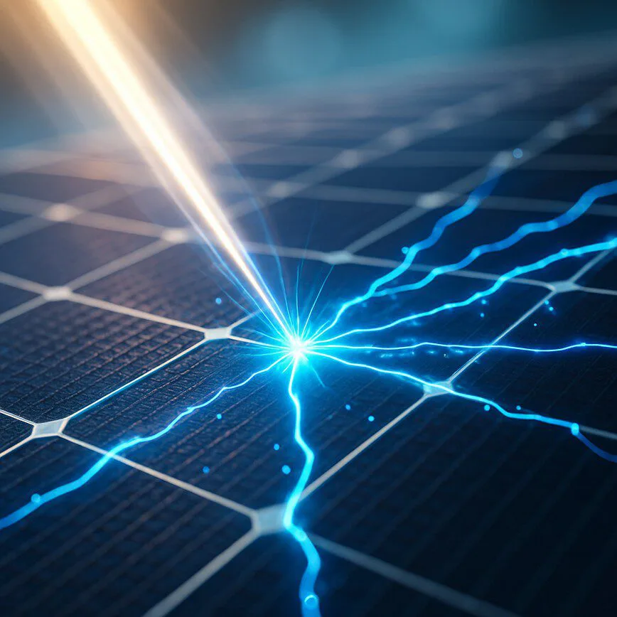 A close-up 3D render of a solar cell converting sunlight into glowing blue lines of electricity, illustrating the concept of solar panel efficiency.