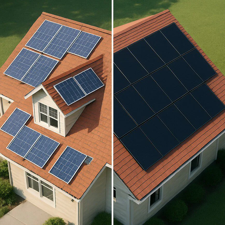 A split-screen comparison showing how high-efficiency solar panels (right) maximize space on a complex roof compared to standard panels (left).
