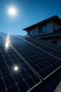 A modern residential roof with an array of high-efficiency black solar panels glistening under a bright sun, symbolizing the future of home energy in 2025.