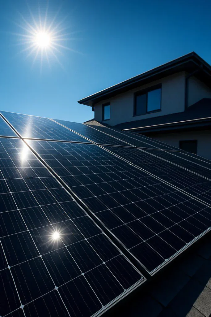 A modern residential roof with an array of high-efficiency black solar panels glistening under a bright sun, symbolizing the future of home energy in 2025.