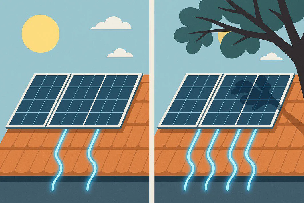 A vector illustration comparing two scenarios: solar panels in full sun with high output, and solar panels partially shaded by a tree branch with reduced output.
