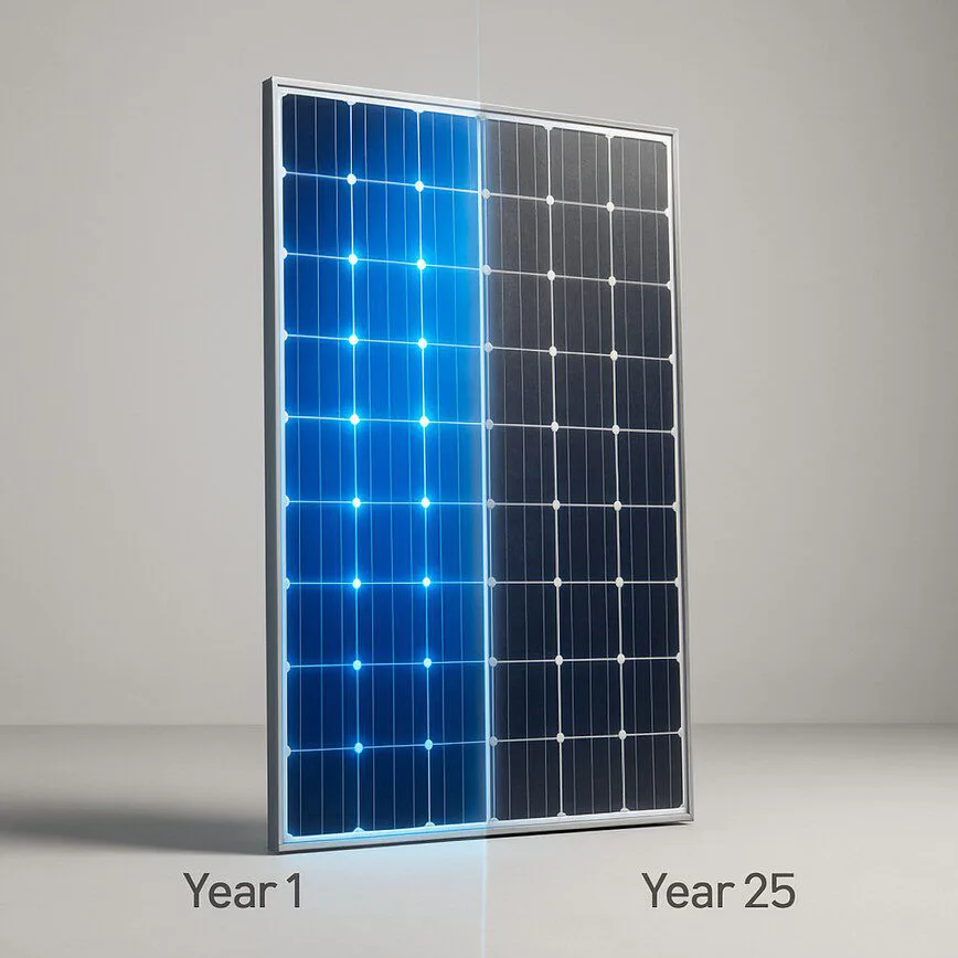 A 3D render of a solar panel showing a comparison of its condition and energy output at Year 1 versus Year 25, illustrating the concept of gradual efficiency degradation.