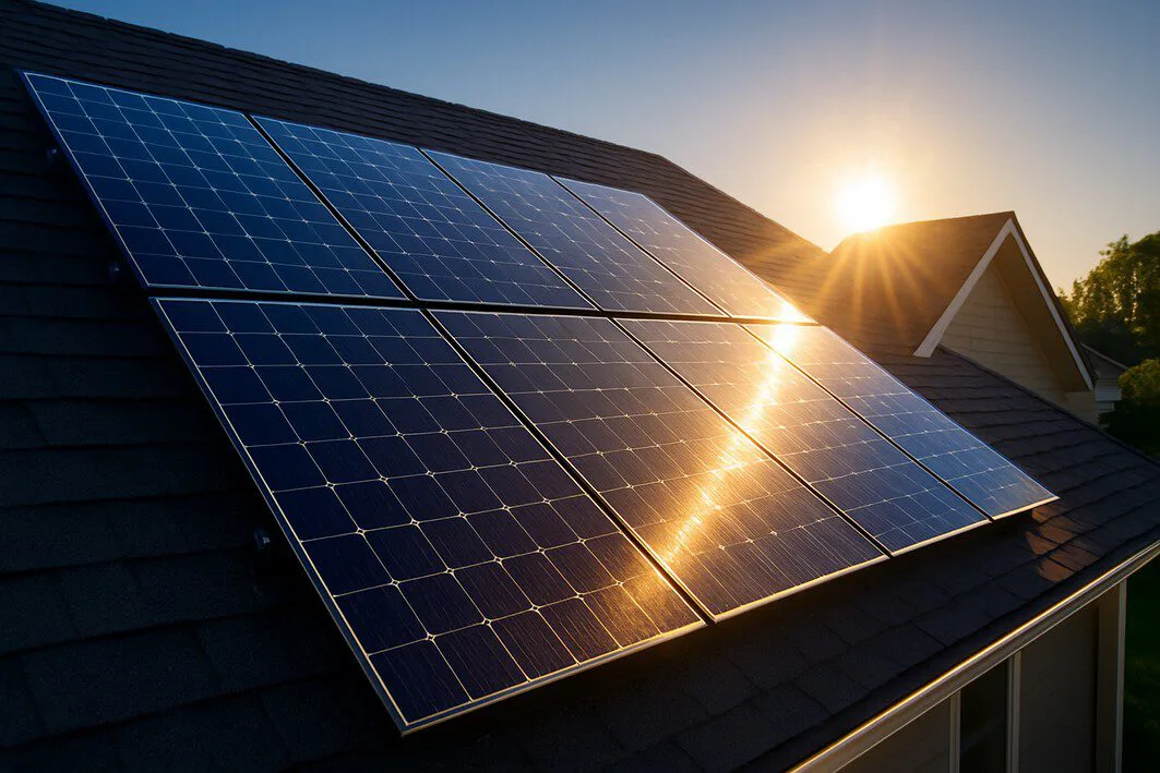 Sleek solar panels on the roof of a modern home, glistening in the golden hour sun, representing a smart financial investment in clean energy through solar financing.