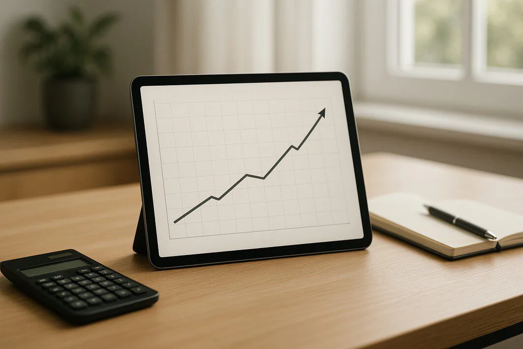 A tablet on a wooden desk displaying a graph of solar energy savings over time, illustrating the process of using an ROI calculator to make an informed financing decision.
